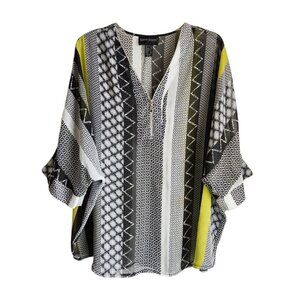 Frank Lyman Sheer Tunic Blouse | US 14 | Black White Lime Half Zip